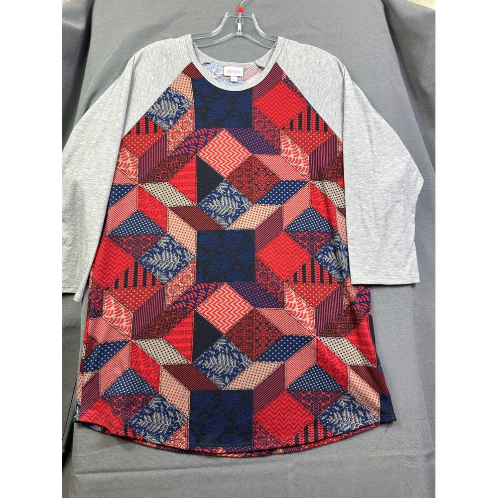 LuLaRoe Randy Baseball Tee 2XL Red Blue Patchwork Raglan 3/4 Sleeve Shirt